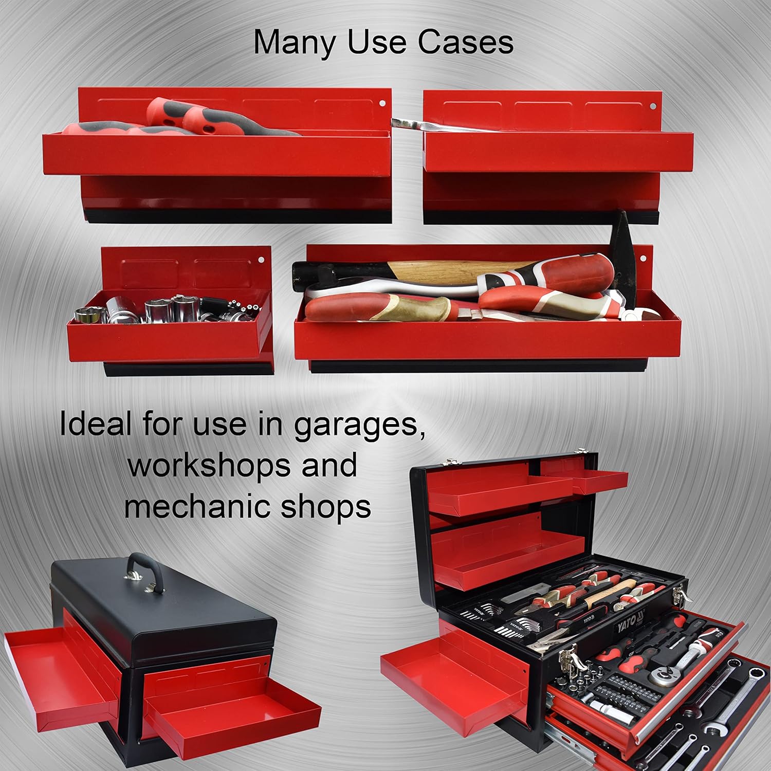 Magnetic Shelf 4-Pcs Set - Red Magnetic Tool Trays - Metal Tool Box with Strong Magnets - Magnetic Storage for Toolbox - Tool Box Accessories for Van Workshop Pack of 2