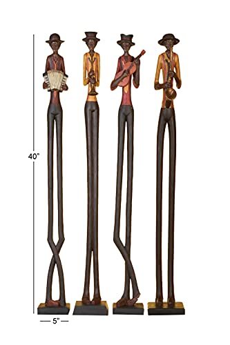 Deco 79 Polystone Musician Decorative Sculpture Tall Long Legged Jazz Band Home Decor Statues with Black Base Stand, Set of 4 Accent Figurines 5"W, 40"H, Brown