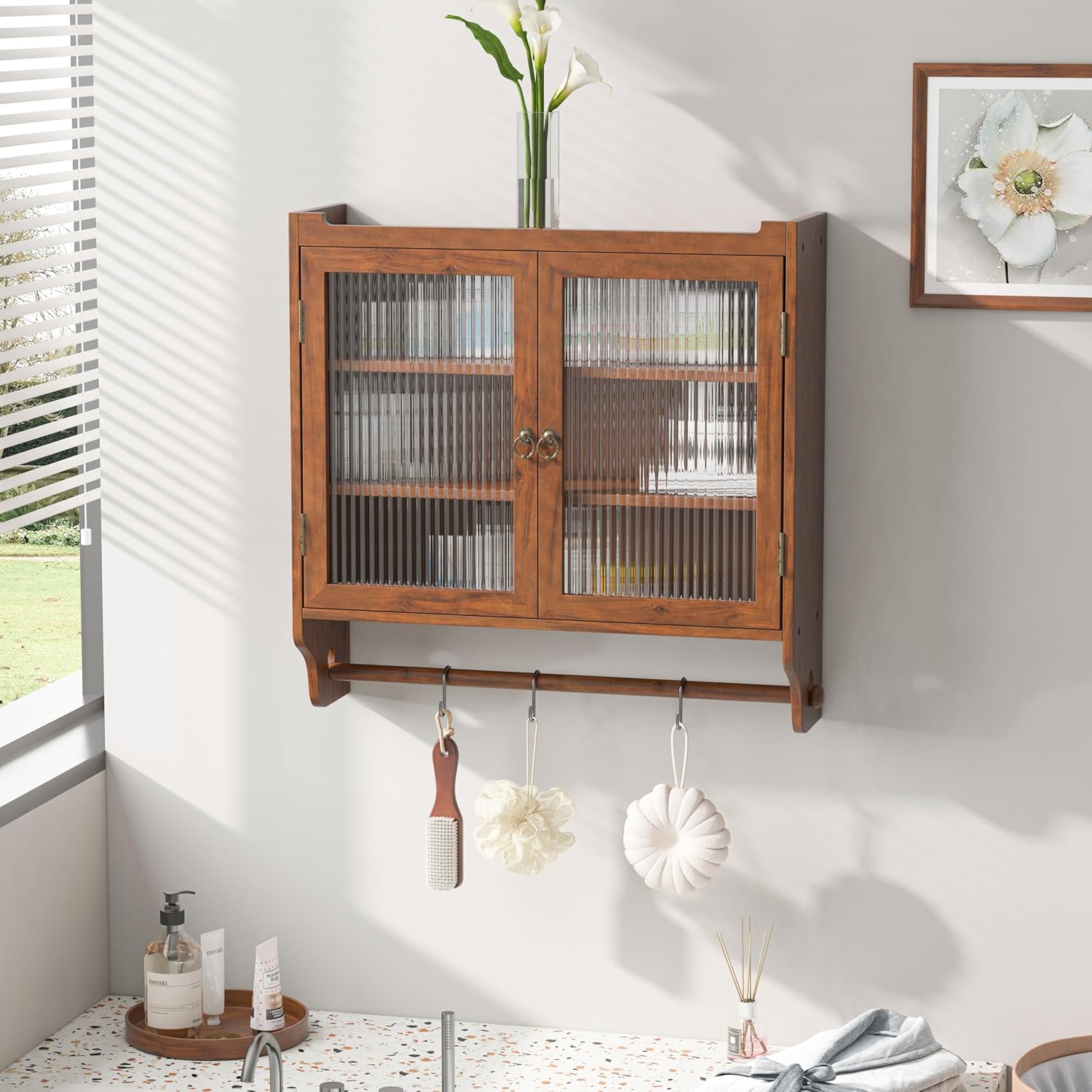Retro Style Haze Double Glass Door Wood Wall Cabinet with Detachable Shelves for Office, Dining Room,Living Room, Kitchen and Bathroom Brown
