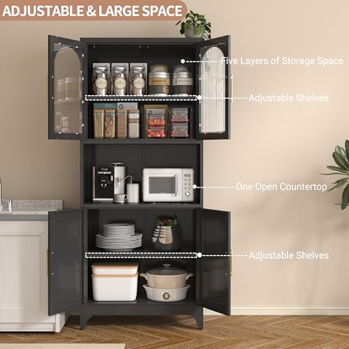 Kitchen Pantry Cabinet with Acrylic Glass Doors, 75" Metal Kitchen Hutch with Countertop, Adjustable Shelves, Freestanding Food Pantry Cabinet for Living, Dining Room, Black, Assembly Required