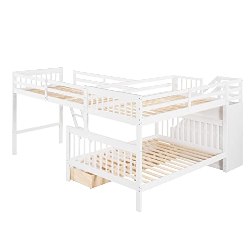 Twin over Full Triple Bunk Bed with Drawers and Stairway, L-Shaped Bunk Bed and Loft Bed Combo with Storage Compartment for 3, Ideal for Extended Family or Dorm (Espresso)
