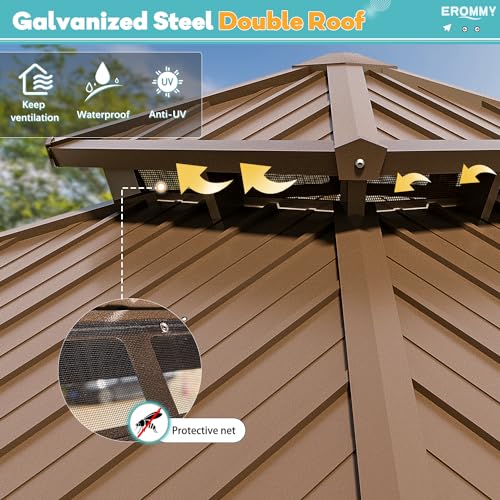 EROMMY 14'x20' Hardtop Gazebo Double Roof Galvanized Steel Canopy Outdoor Aluminum Frame Permanent Metal Pavilion with Netting and Curtains for Patio Backyard Deck and Lawns