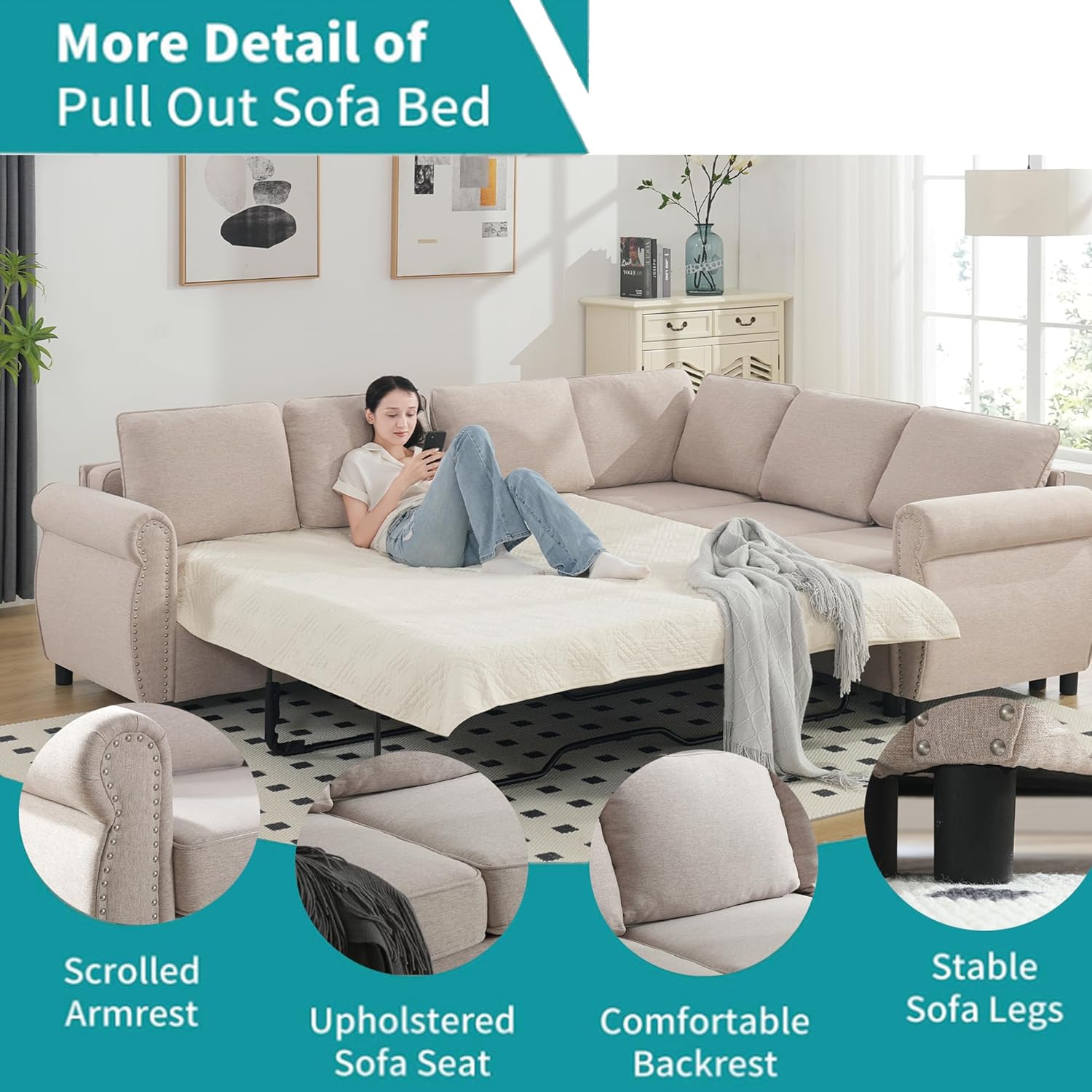 Modular Sectional Sleeper Sofa Couch with Pull Out Bed, 6 Seater Sofa Bed, Convertible L Shaped Sectional Couch for Living Room, Comfy Couch for Apartment, Studio, Office, Home Furniture, Beige