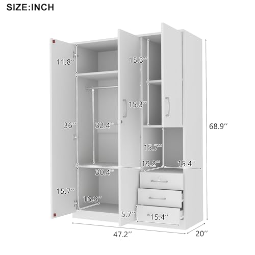 LZ LEISURE ZONE Wardrobe Closet Storage Cabinet with Lockable Doors, Large Wooden Armoire Wardrobe Closet with 3 Drawers, Hanging Rod and Shelves, Bedroom Armoires Wardrobe Clothes Organizer, White