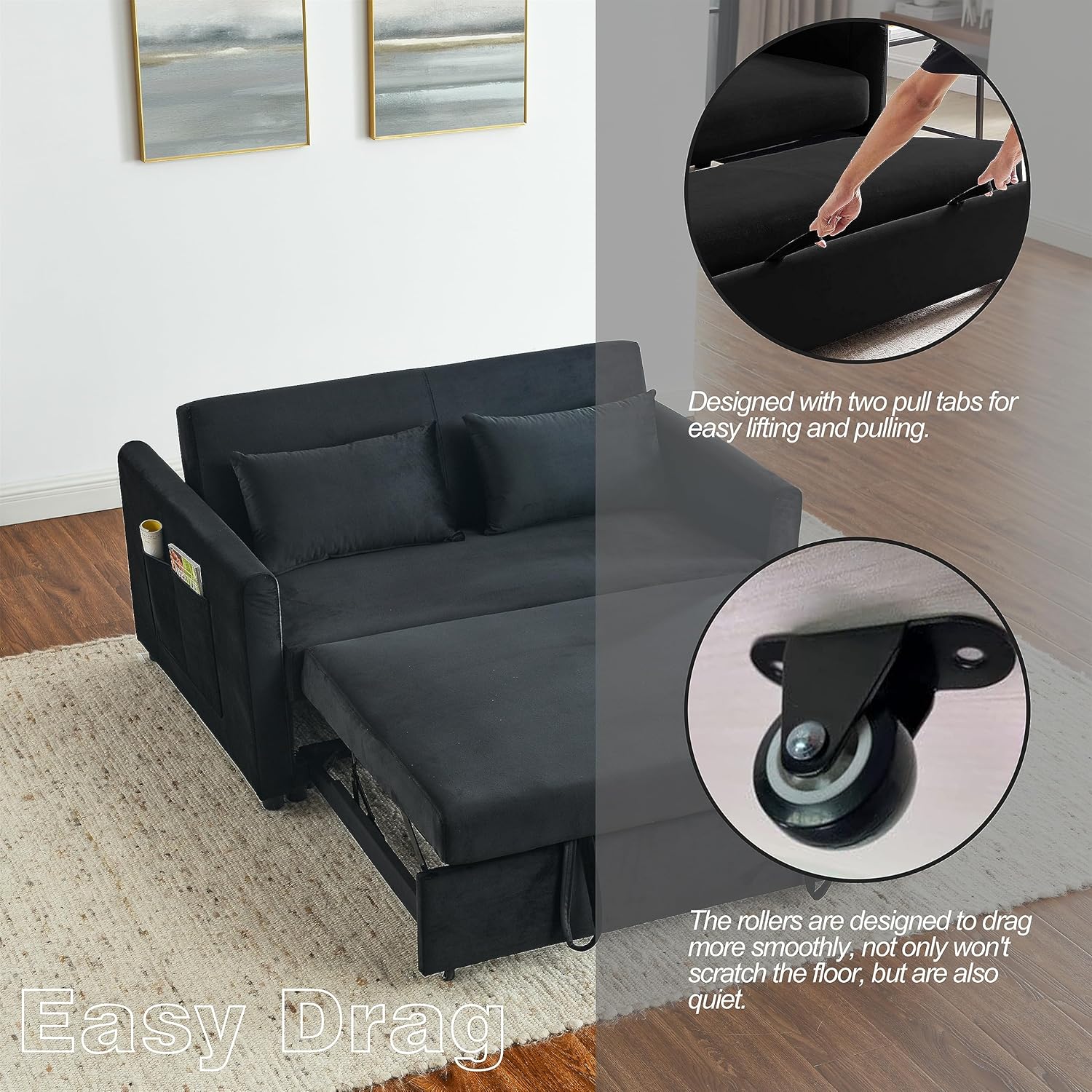 54 Inch Convertible Sleeper Sofa, 3-in-1 Versatile Velvet Loveseat with Pullout Bed, Couch with Adjustable Backrest, Lumbar Pillows and Side Pockets for Living Room Bedroom Apartment, Black