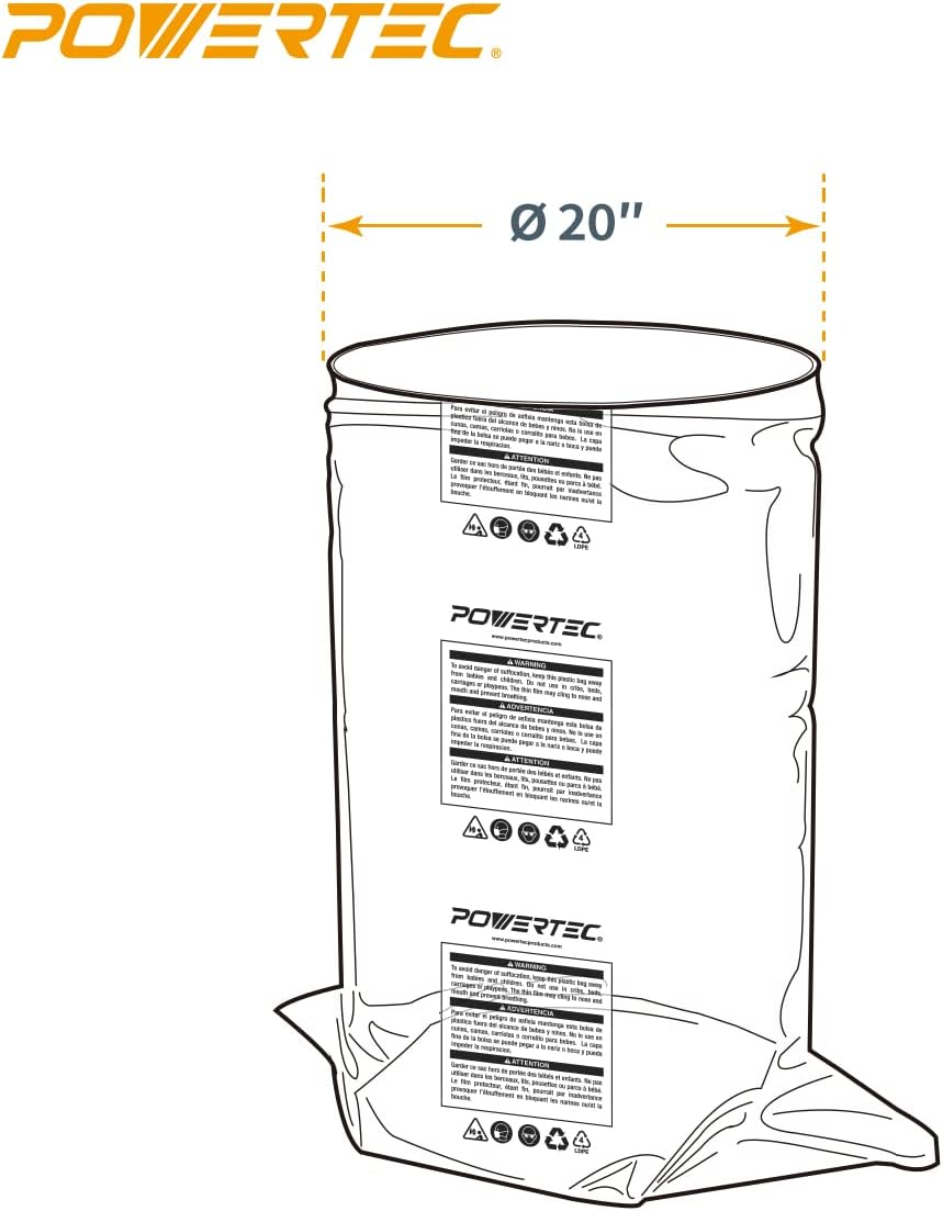 POWERTEC 70002-Case15 Clear Plastic Dust Collection Bags, 20" x 43" | Dust Collector Bags for machine with 20" Filter Drum, Case of 75 Pcs