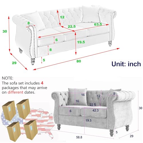 80" Grey Velvet Chesterfield Sofa for Living Room,2 Pcs 3 Seater Sofa Button Tufted Nailhead Trimming Curved Backrest Rolled Arms with Silver Metal Legs with 4 Pillows