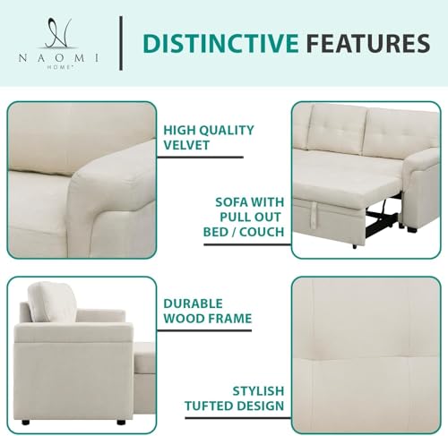 Naomi Home Jenny Sectional Sofa Sleeper with Storage Chaise, Tufted Pull Out Couch with Storage, L-Shaped Reversible Sleeper Sofa with Storage, Black,Air Leather