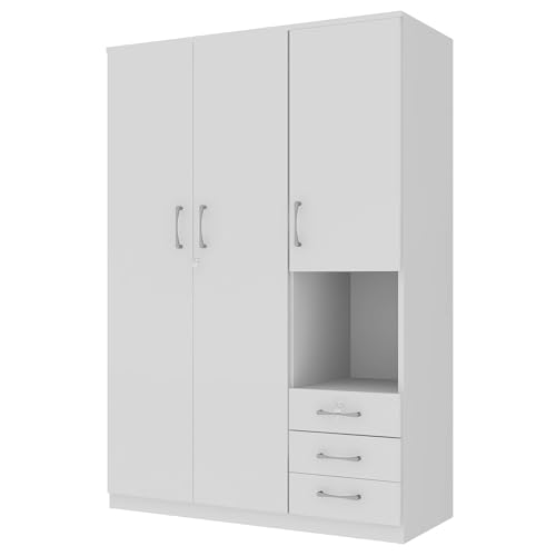 LZ LEISURE ZONE Wardrobe Closet Storage Cabinet with Lockable Doors, Large Wooden Armoire Wardrobe Closet with 3 Drawers, Hanging Rod and Shelves, Bedroom Armoires Wardrobe Clothes Organizer, White