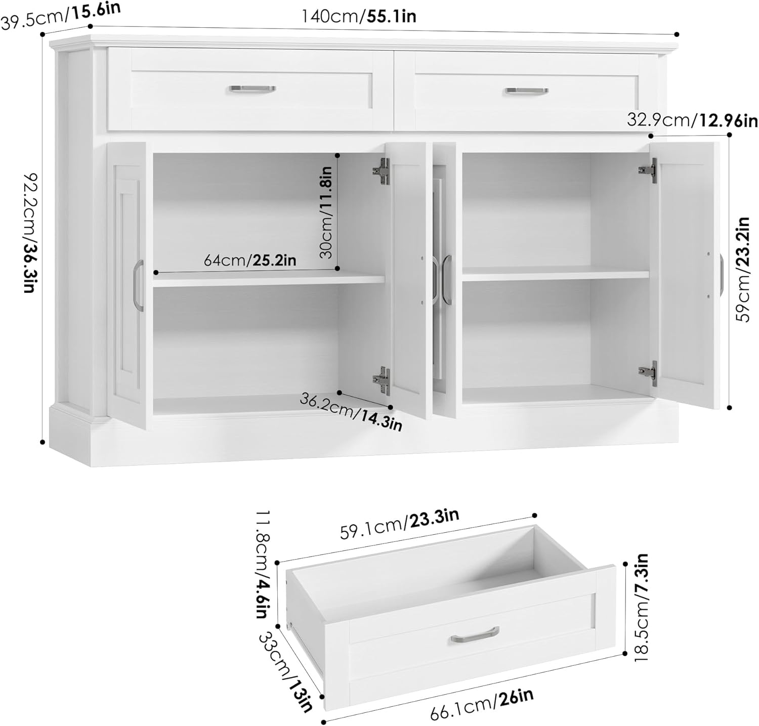 Sideboard Buffet Cabinet with Storage, 55.1" Large Kitchen Storage Cabinet with 2 Drawers and 4 Doors, Farmhouse Coffee Bar Display Cabinet for Kitchen Dining Room