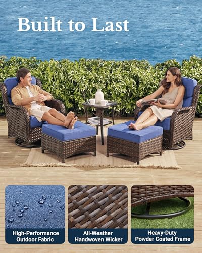 Luxury Patio Furniture Set with 6-inch Thick Cushion, Outdoor Couch and High Back Swivel Rocker Patio Chairs, 7PCS Wicker Conversation Set for Deck, Yard, and Poolside in Blue (V2)
