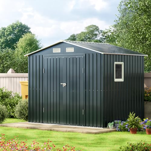 10X12X7.5 FT Outdoor Steel Storage Shed with Lockable Doors, 2 Windows, Transparent Roof Panels (Wood Panels & Frame Floor Not Included), Ideal for Patio Storage,Garbage Can, Chicken Coop，Brown