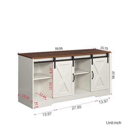 Farmhouse Wood TV Stand, Entertainment Center for Televisions up to 65 Inchs with Sliding Barn Doors, Media Furniture with Storage Cabinets for Living Room, 59 Inch, White & Rustic