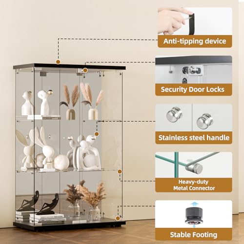 Glass Display Cabinet, 4-Shelf 3 Doors with Mirror & Lock, Tempered Glass Curio Display Cabinet Standing Glass Bookshelf Showcase for Bedroom, Living Room, Black