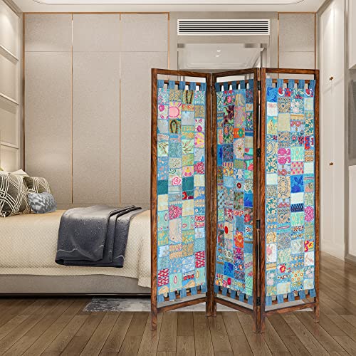 Room Divider Wood Screen - Ghanti Bells Antique Brown - 4 Panel Folding 72 x 80 - Assembled Hand Carved Decorative Functional Versatile Portable Partition Reversible Privacy Boho - COTTON CRAFT