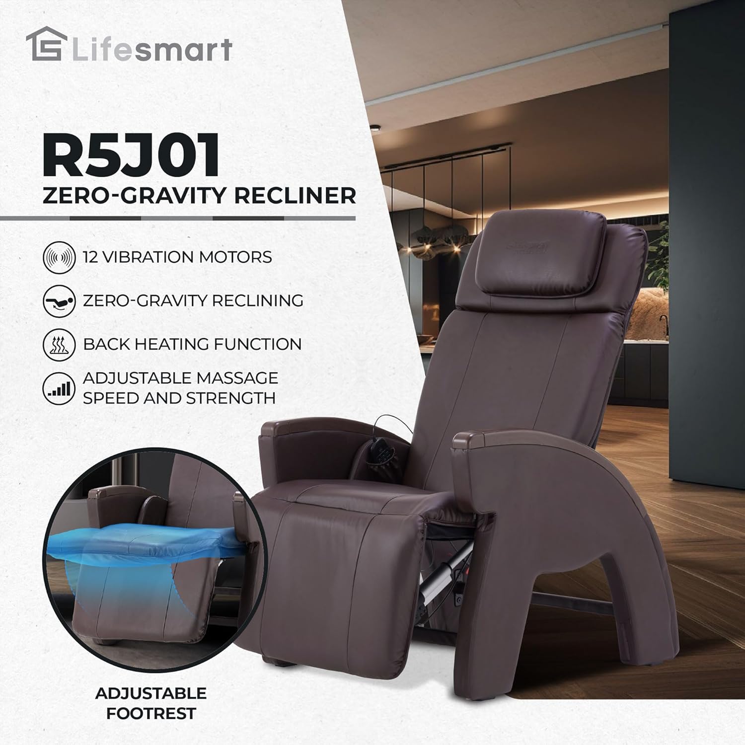 Lifesmart R5J01 Zero-Gravity Recliner Massage Chair with Heat, Adjustable Massage Strengths, and a USB Charging Port, 38.5" D x 28.7" W x 44.4" H