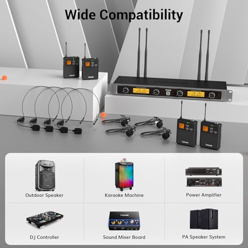 TONOR UHF Wireless Microphones System with Headset/Lavalier Lapel Mics, Bodypack Transmitter, Receiver, 2*15 Channels, 200ft Range for Live Singing Karaoke Church Party DJ PA Speaker Mixer Recording
