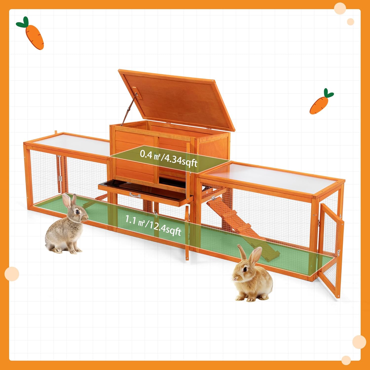 COZIWOW Extra Large Rabbit Hutch Bunny Cage Outdoor Indoor, 2-Story 94.5”L Big Wooden Bunny Hutch Rabbit Cage Small Animal House with No-Leak Tray, Openable Top, Runs, Waterproof Roofs (Orange)