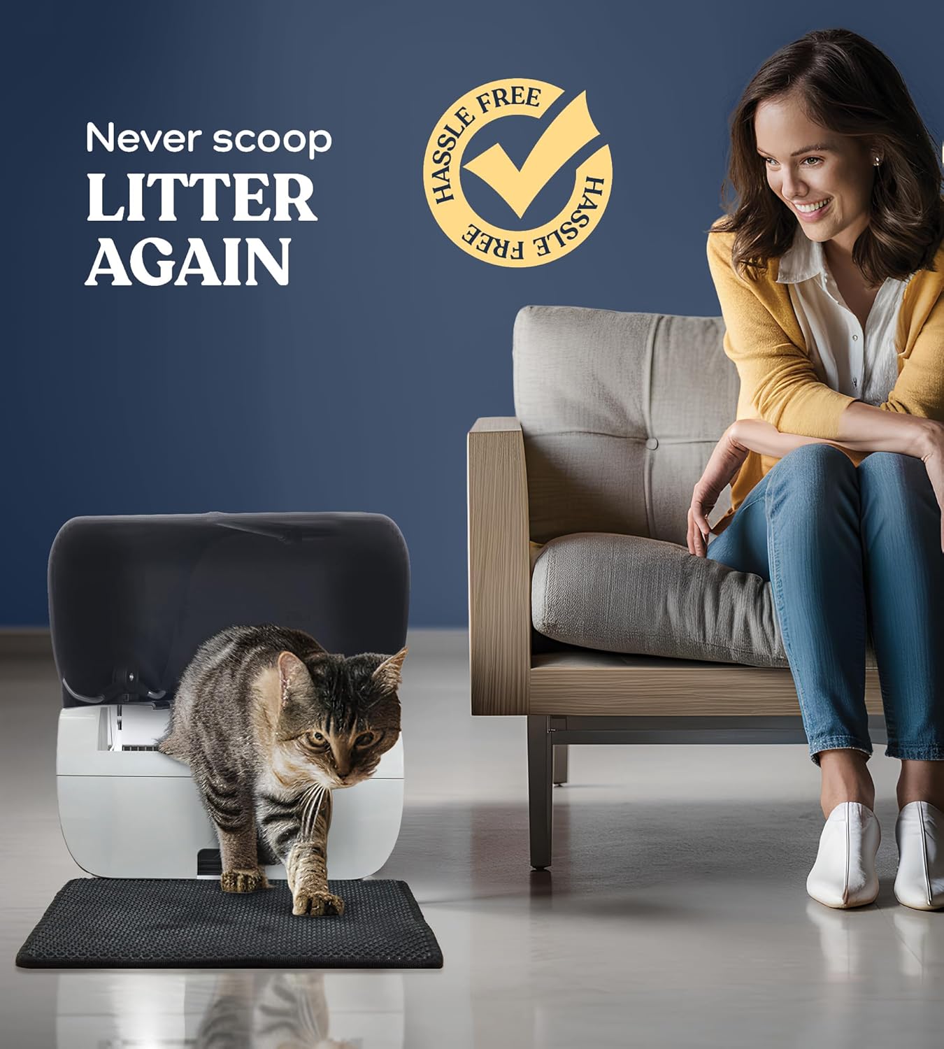 Smart Automatic Cat Litter Box Self Cleaning Cat Litterbox with Built in Odor Eliminator - Works with Clumping Cat Litter (No Expensive Refills) Hood & Litter Mat -10Lb Litter Included
