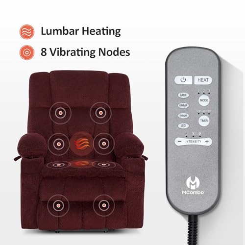 MCombo Dual Motor Power Lift Recliner Chair with Massage and Heat for Elderly People, Infinite Position, USB Ports, Cup Holders, Fabric 7890 (Medium-Regular, Burgundy)