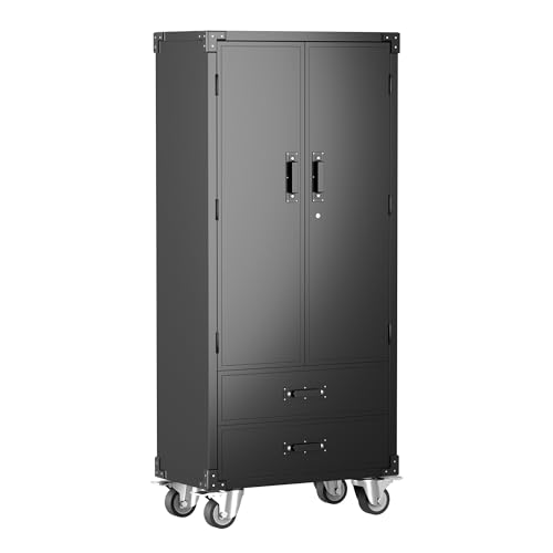 73" H Metal Storage Cabinet with Wheels, Garage Storage Cabinet with 4 Adjustable Shelves and Lockable Doors for Garage Home Office Utility Room,Required Assembly,Black
