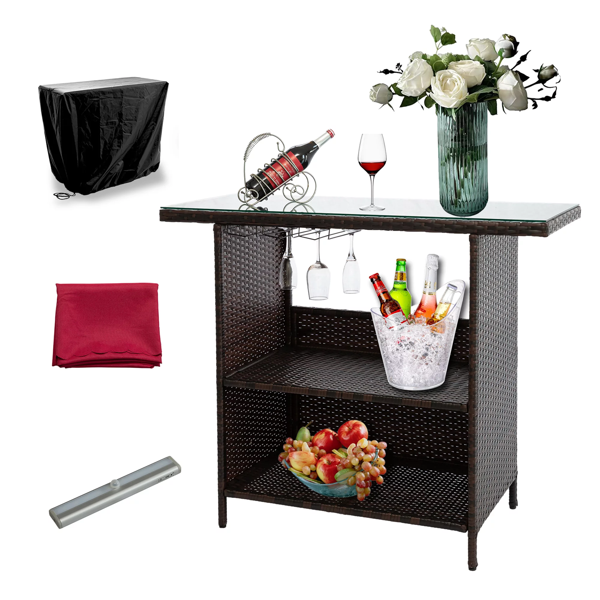 Outdoor Patio Rattan Wicker Bar Counter Table Tempered Glass Tabletop w/ Waterproof Cover,2 Steel Shelves,3 Sets of Rails