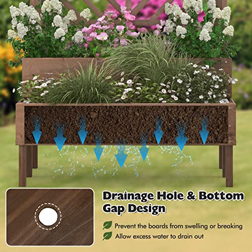 Giantex Raised Garden Bed with Trellis, 2-Tier Wooden Planter Box with Legs and Drain Holes, Garden Trellis for Vine Fruit Vegetable Flower Herb, Outdoor Elevated Garden Bed (Brown)