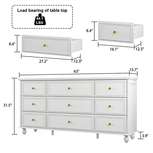 FAMAPY Chest of Drawers White Dresser 9 Drawer Dresser Modern Chest Dresser with Gold Metal Handles & Wooden Legs, Large Contemporary Dresser for Bedroom (63”W x 15.7”D x 31.5”H)