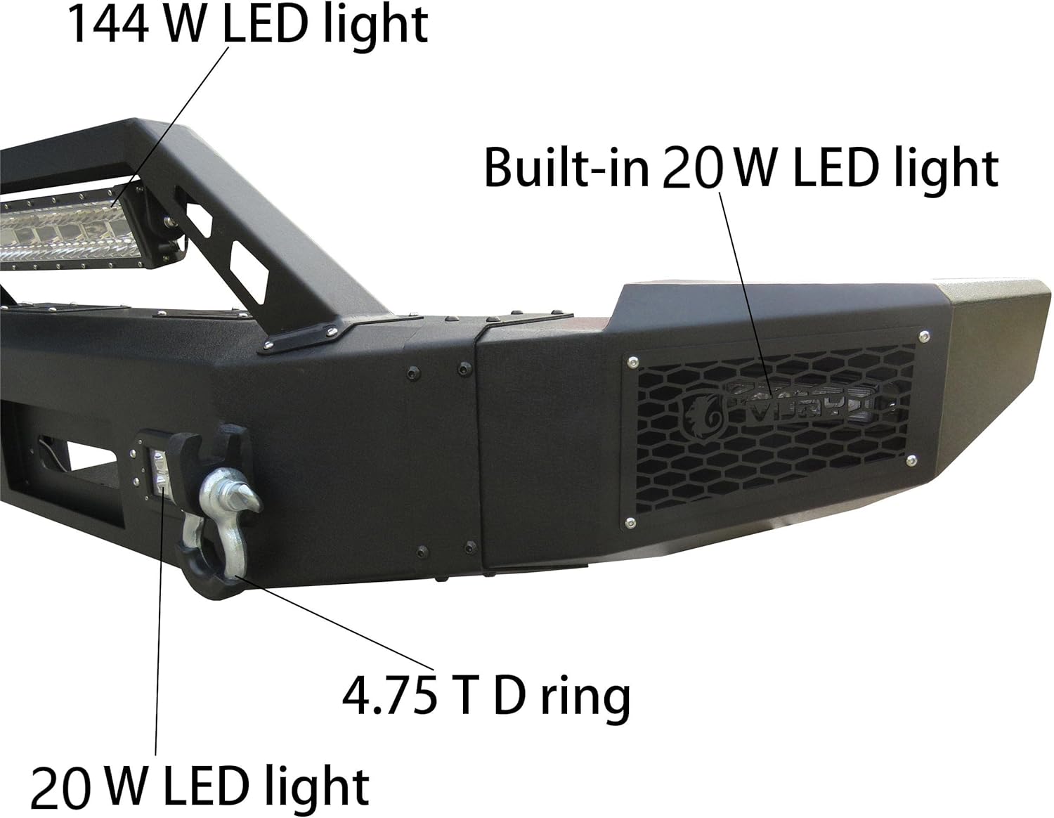Ronghui Silverado Front Bumper Textured Black w/Winch Plate and 4x20W LED light and 1x144W Light Bar and 2xD-Rings for 2007-2013 Chevrolet Silverado 1500
