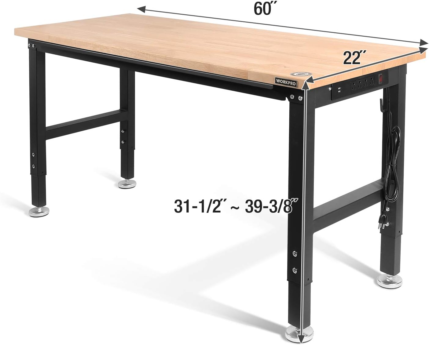 WORKPRO 60 Adjustable Workbench, Rubber Wood Top Heavy-Duty Workstation, 2000 LBS Load Capacity Hardwood Worktable with Power Outlets, for Workshop, Garage, Office, Home