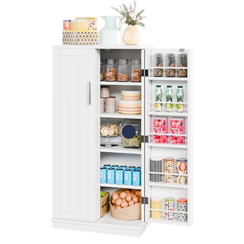 Meilocar 47in Pantry Cabinet, Wooden Kitchen Storage Cabinets Freestanding Cupboard with Doors & Adjustable Shelves, Storage Cabinet for Kitchen, Living Room, Dining Room, Office(Black)