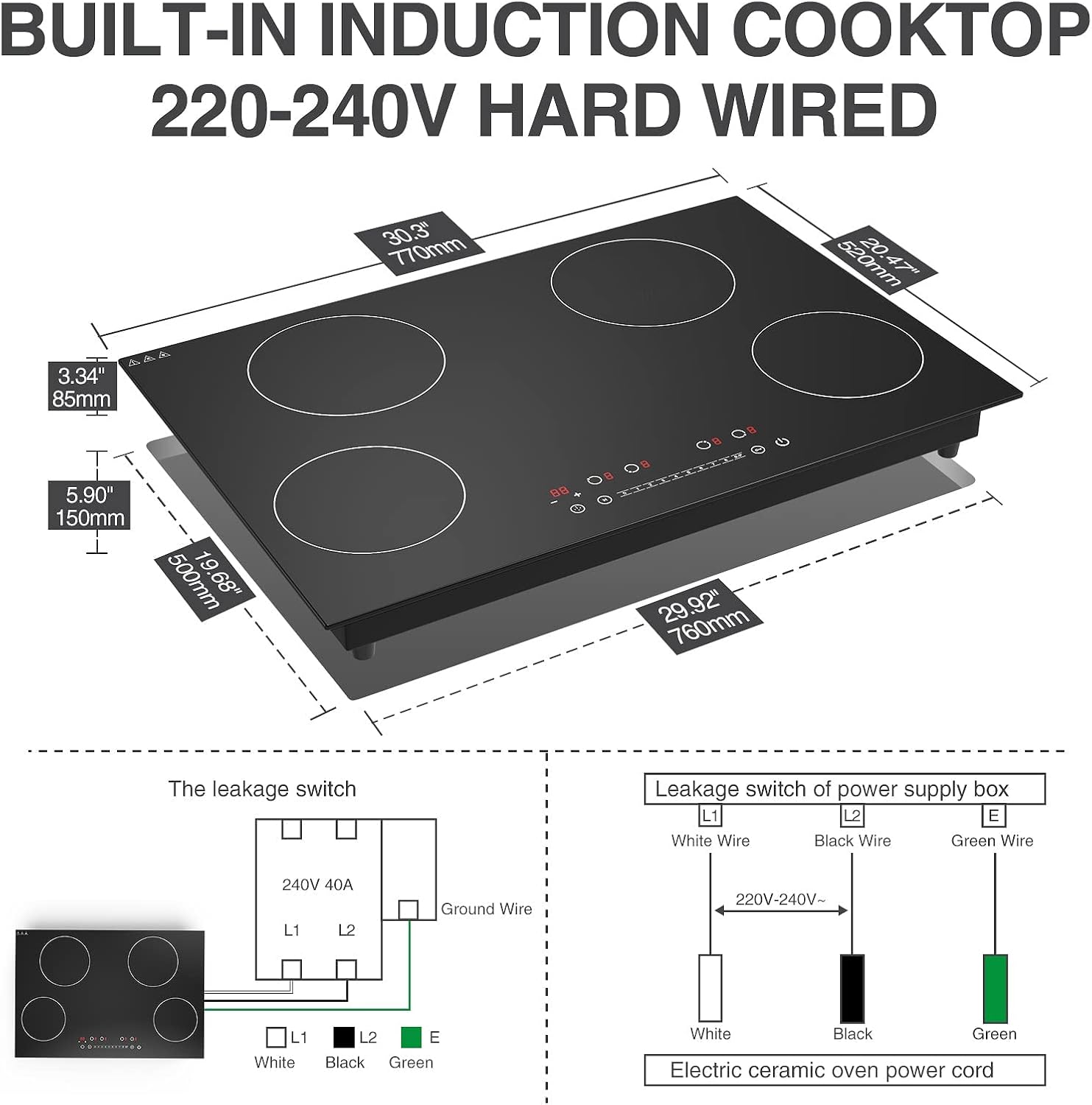 Induction Cooktop 30 Inch, GTKZW 6400W Electric Cooktop 4 Burners 220v,Built-in Electric Stove Top, LED Touch Screen, 9 Heating Level, Kid Safety Lock, Keep Warm Function,Hardwired, no Plug