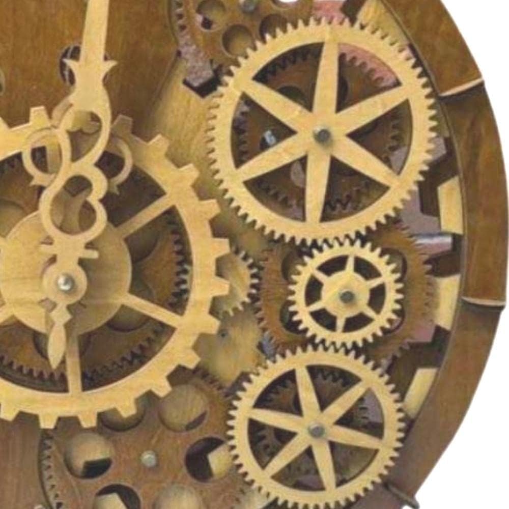 15 Inch Industrial Steampunk Wall Clock, Rustic Farmhouse Style, Retro Mechanical, Moving Gears, Wood, 3D Minimalist Skeleton, Antique Vintage Roman & Arabic Numerals, Battery Powered