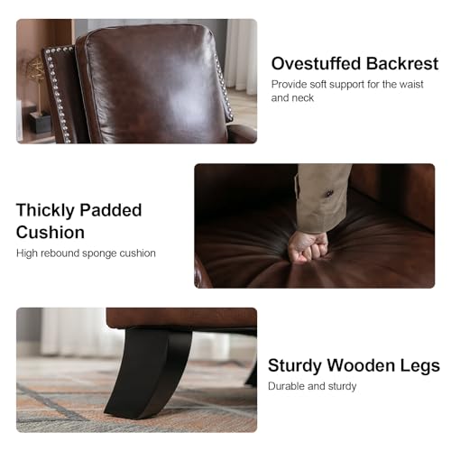 CANMOV Genuine Leather Recliner Chair Set of 2, Classic and Traditional Push Back Recliner Chair with Solid Wood Legs, Adjustable Single Sofa with Nailhead Trim for Living Room,Bedroom, Reddish Brown