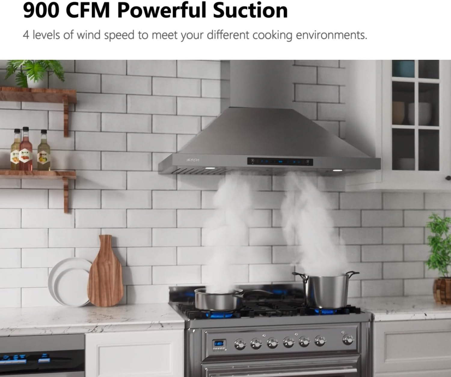 IKTCH 30-inch Wall Mount Range Hood 900 CFM Ducted/Ductless Convertible, Kitchen Chimney Vent Stainless Steel with Gesture Sensing & Touch Control Switch Panel, 2 Pcs Adjustable Lights(IKP02-30'')