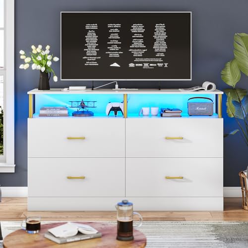 AOGLLATI White Dresser for Bedroom with Charging Station, Dressers & Chests of Drawers with Column Design, 4 Drawer Modern Bedroom Led Wide Wood Dresser for Bedroom