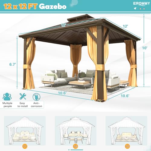 EROMMY 14'x20' Hardtop Gazebo Double Roof Galvanized Steel Canopy Outdoor Aluminum Frame Permanent Metal Pavilion with Netting and Curtains for Patio Backyard Deck and Lawns