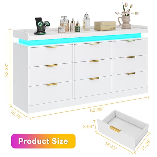 White Dresser with LED Lights, Wooden LED Dresser, 4 Drawer Chest with Charging Station, Tall Chest of Drawer Closet Organizer for Bedroom, Living Room, Entryway, Hallway