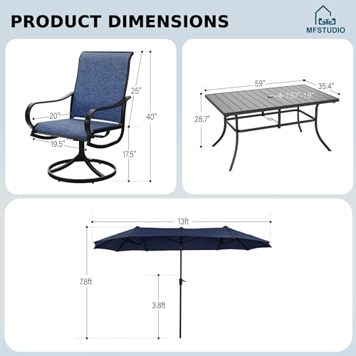 MFSTUDIO 8 Piece Patio Dining Set with Umbrella, All Weather Outdoor Furniture Set with 6 Grey Sling Swivel Chairs, 1 Rectangular Metal Table and 1×13 FT Beige Outdoor Umbrella(Base Not Included)