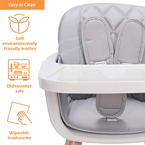 3-in-1 Convertible Wooden High Chair,Baby High Chair with Adjustable Legs & Dishwasher Safe Tray, Made of Sleek Hardwood & Premium Leatherette, Gray Color