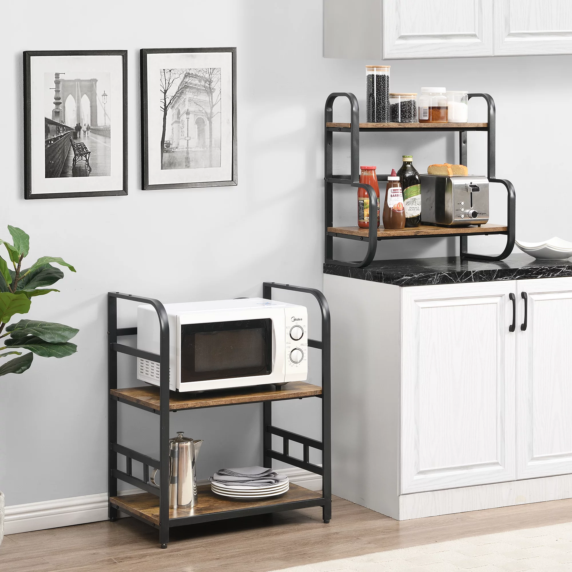 O&K Furniture 4-Tier Kitchen Bakers Rack, 54’’ Microwave Oven Stand with Storage Shelves, Black