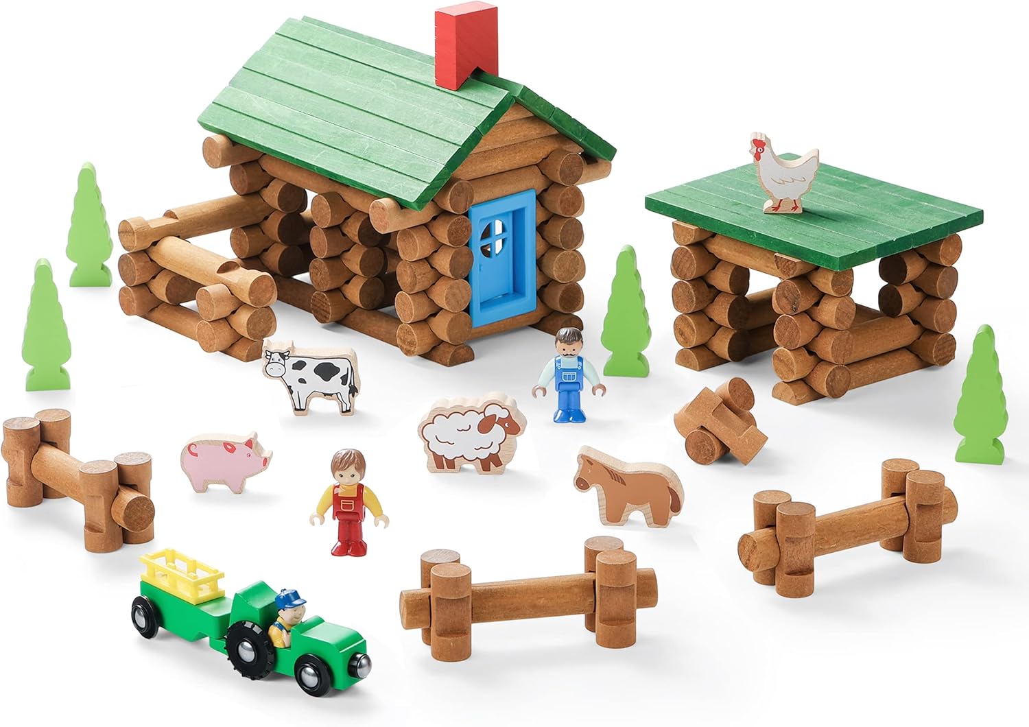 SainSmart Jr. Wooden Log Cabin Set Farm Building House Toy for Toddlers, 122 PCS Classic STEM Construction Kit with Colorful Wood Logs Blocks for 3+ Years Old Pack of 2