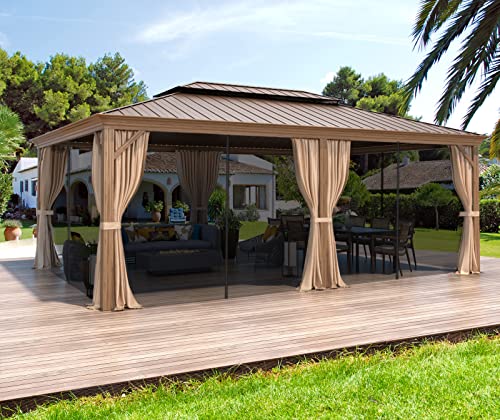 MELLCOM 12'x16' Hardtop Gazebo, Galvanized Steel Metal Double Roof Canopy with Curtains and Netting, Brown Permanent Pavilion Gazebos with Aluminum Frame for Garden, Patio, Lawns, Deck