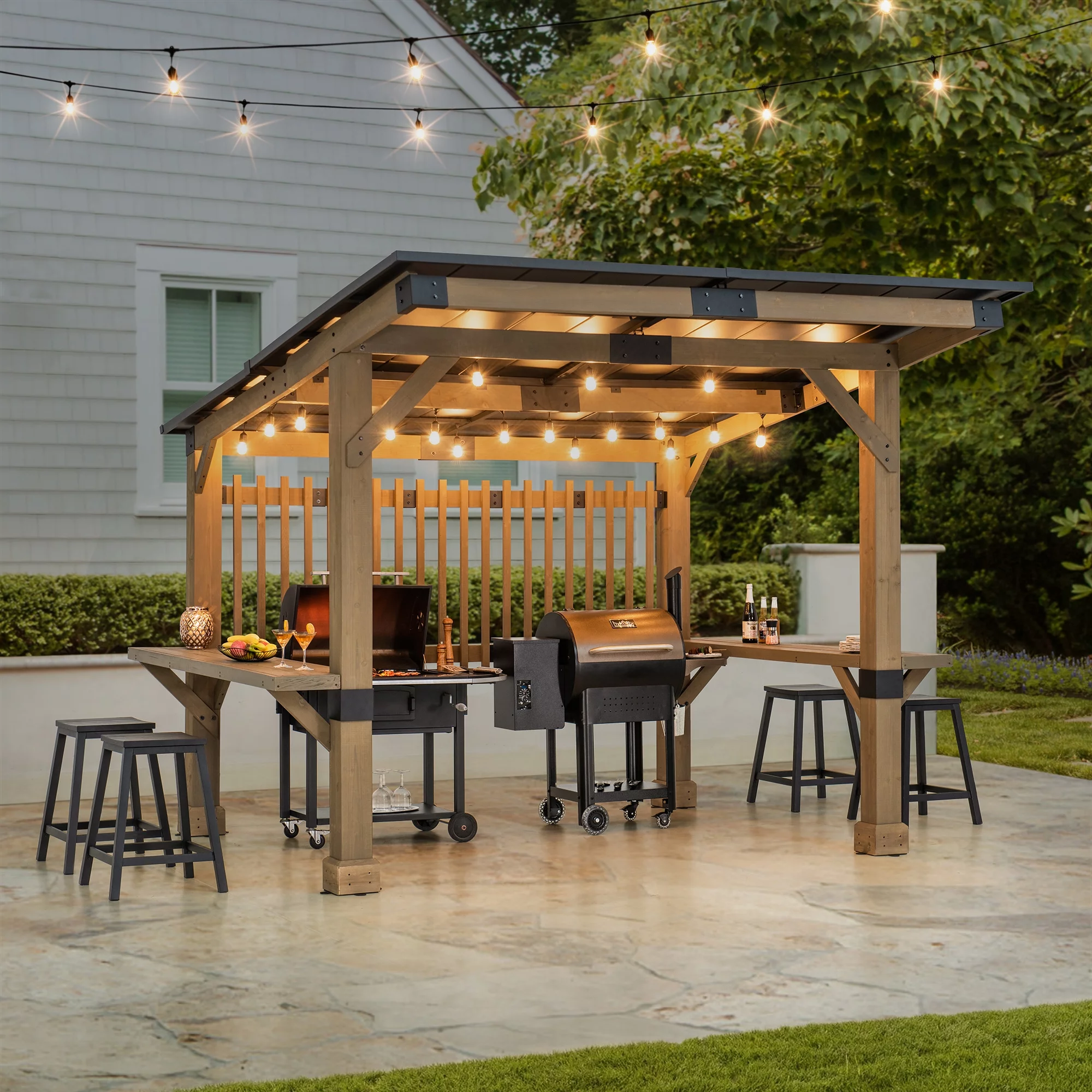 Sunjoy Wooden Grill Gazebo 10 ft. x 11 ft. Outdoor Cedar Frame BBQ Gazebo, Backyard Hot Tub Gazebo with Aluminum Hardtop Roof, Privacy Screen and Solid Bar Shelves