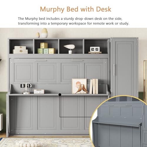 Linique Full Size Murphy Cabinet Storage Wall Bed with Closet and Drawers and Built-in Top Shelf,Hide a Bed on a Wardrobe Space Saving Design,Gray