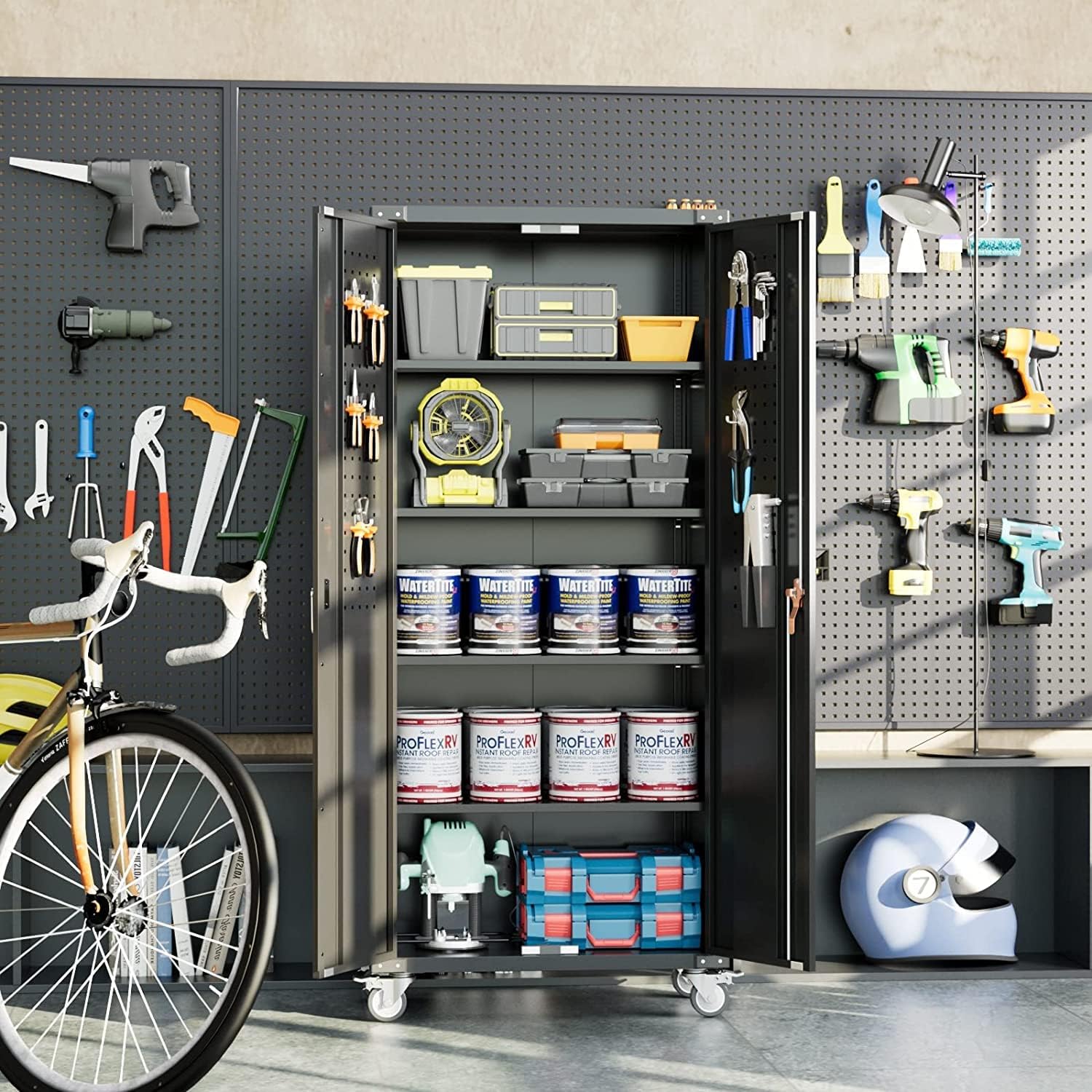 Metal Storage Cabinet with 2 Locking Doors and 4 Adjustable Shelves,Garage Storage Cabinets with Pegboard &Wheels,72" Steel Storage Cabinet for Home,Office Assembly Required (Black)