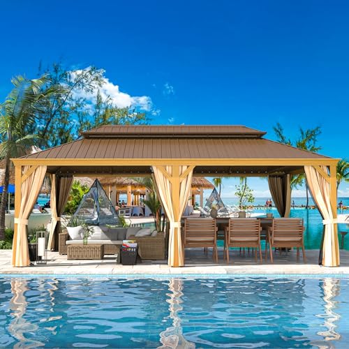 MELLCOM 12'x16' Hardtop Gazebo, Galvanized Steel Metal Double Roof Canopy with Curtains and Netting, Brown Permanent Pavilion Gazebos with Aluminum Frame for Garden, Patio, Lawns, Deck