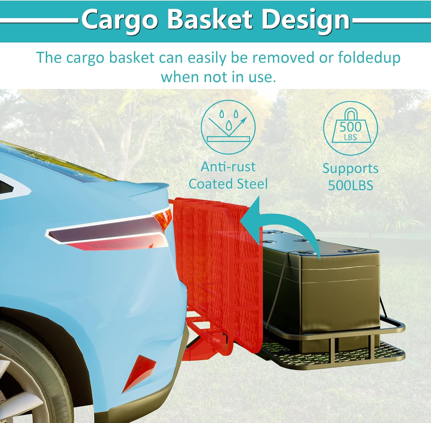 Cargo Rack Carrier with Folding Basket Designed in Reflectors,Car W/a Hitch Stabilizer and 2 Rainproof Ratchet Straps,for Outdoor,Transport,Black