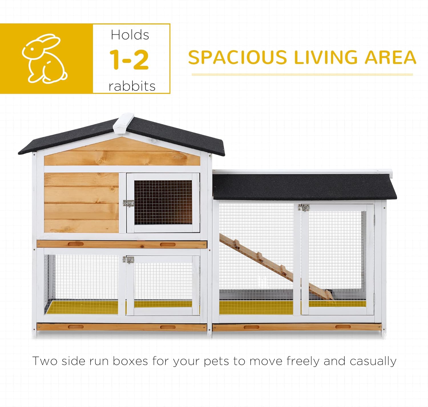 2-Story Rabbit Hutch Wooden Bunny Hutch Cage Small Animal House with Ramp, No Leak Tray, Weatherproof Roof and Outdoor Run, Indoor/Outdoor, Yellow