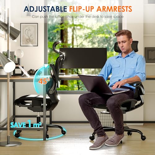 GABRYLLY Ergonomic Mesh Office Chair- White Desk Chair, Flip-Up Armrest, Adjustable Headrest, Tilting with Soft Seat and PU Wheel, Elite Home Desk Chair for Work, Study, Gaming (GY1108)